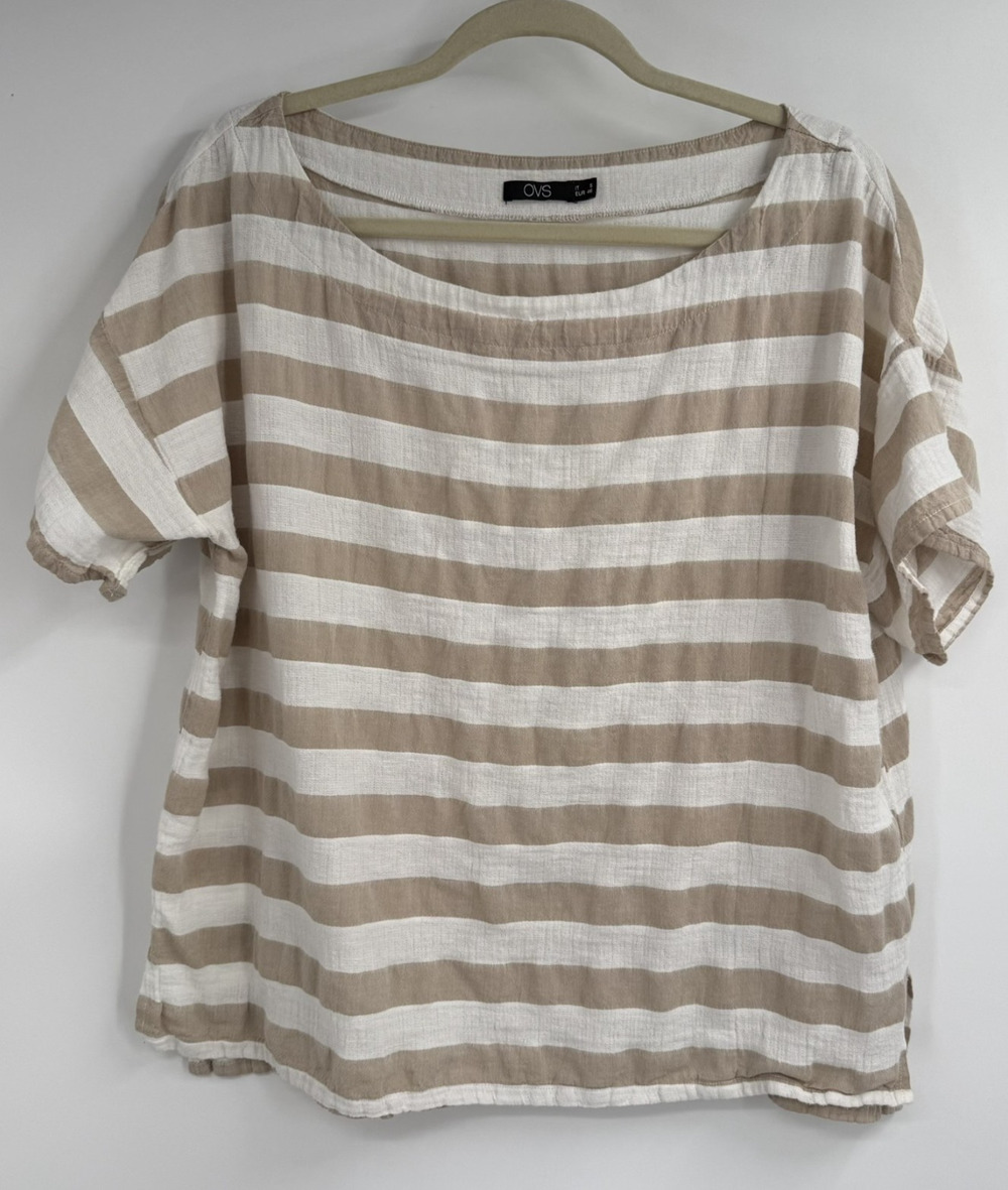 OVS Linen Blend Blouse Womens Medium Tan White Striped Coastal Minimalist Resort